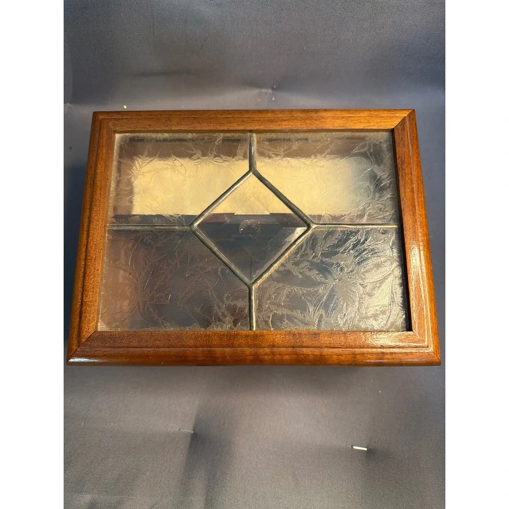 Vintage Reuge Swiss Music Box Dancer Wood Jewelry Box Frosted Leaded Glass Lid